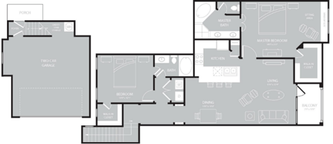 Floor plan for 2 beds, 2 baths, 1381 sqft